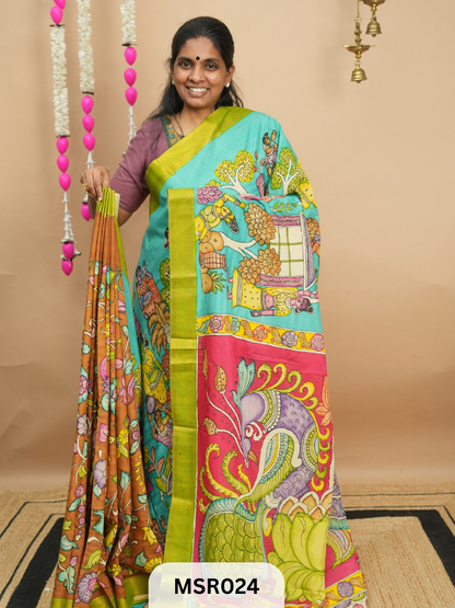 BANGLORE SILK WITH MANGALAGIRI BORDER FULL KALAMKARI