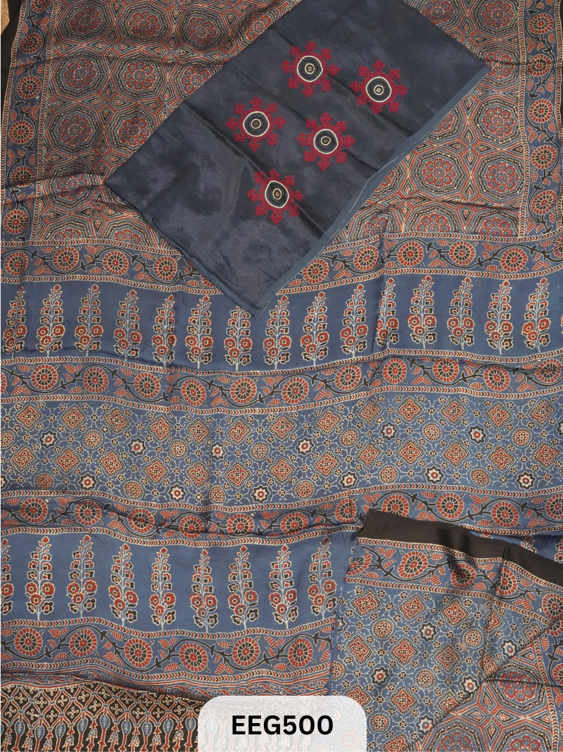 AJRAKH MODAL SAREE WITH KUTCHI HANDWORK BLOUSE PIECE EXTRA