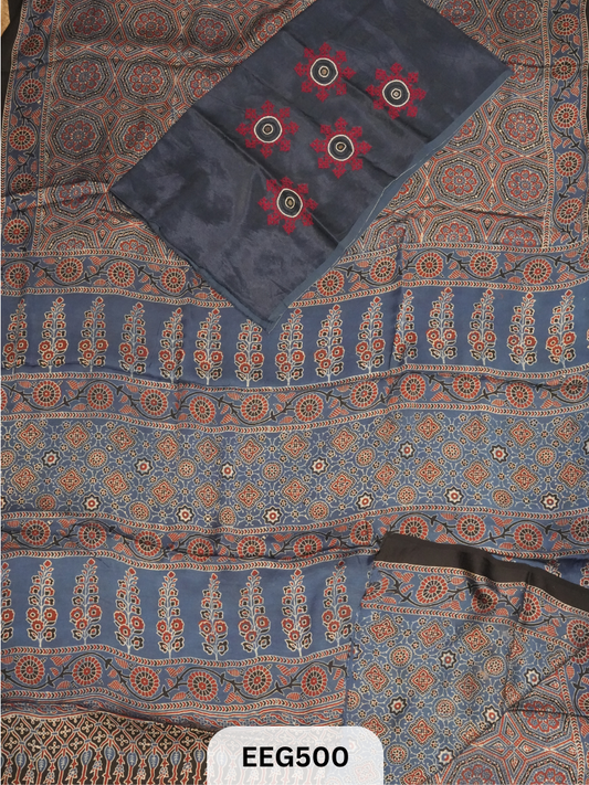 AJRAKH MODAL SAREE WITH KUTCHI HANDWORK BLOUSE PIECE EXTRA