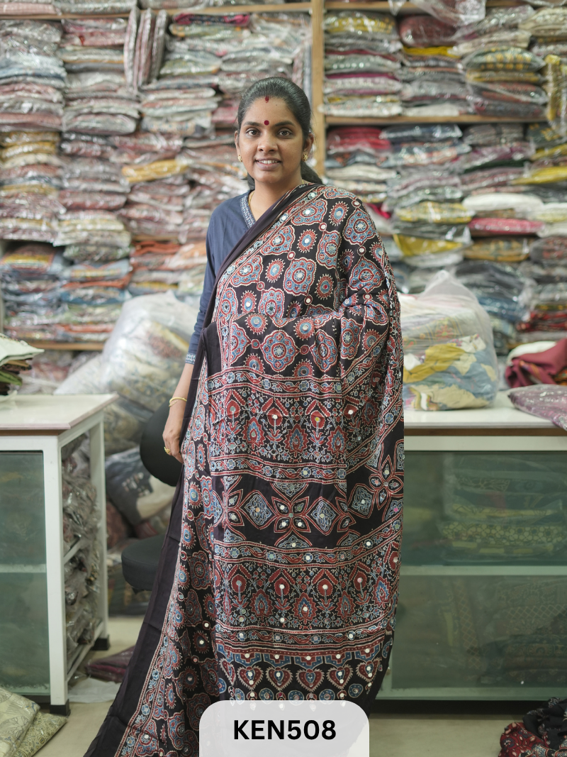 MODAL NATURAL AJRAKH HANDBLOCK SAREE WITH GLUE MIRROR