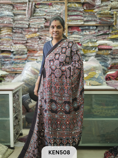 MODAL NATURAL AJRAKH HANDBLOCK SAREE WITH GLUE MIRROR