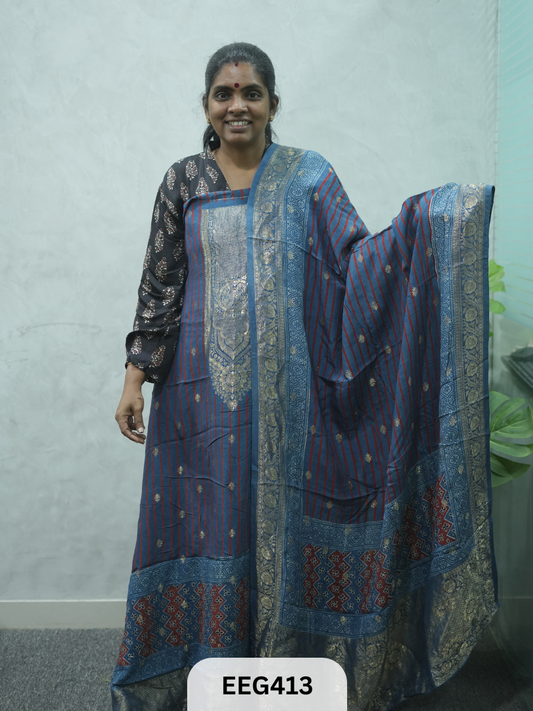 AJRAKH DOLA SILK 2 PCS-UNSTITCHED ( TOP 3.5MTR AND DUPPATA 2.25MTR ) - IMMEDIEATE DISPATCH