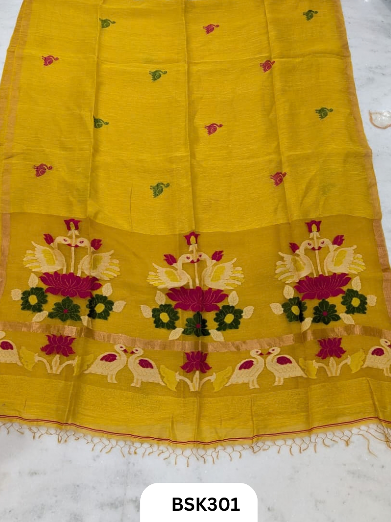 Handloom Pure Linen Silk Jamdhani Weave Saree