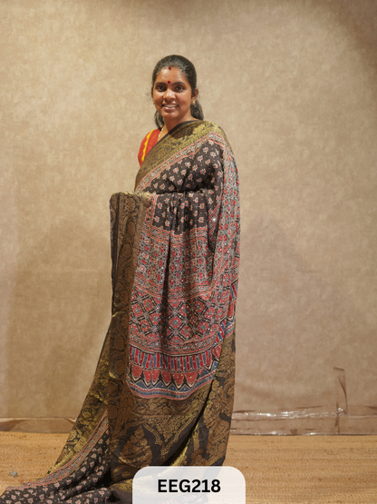 AJRAKH DOLA SILK SAREE WITH MIRROR WORK - IMMEDIATE DISPATCH