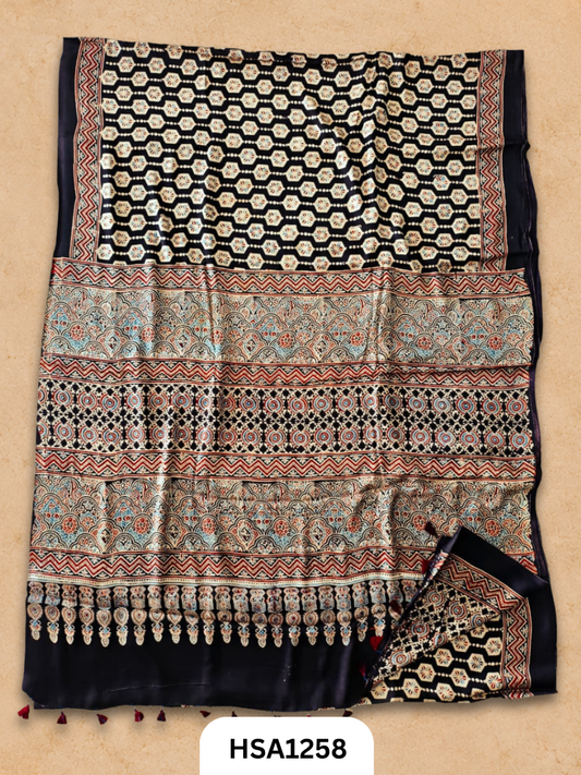 Natural Dye Vegetable Hand Block Print Ajrakh Print Pure Modal Silk Saree