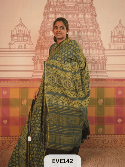 PURE CHANDERI SILK AJRAKH HANDBLOCK SAREE