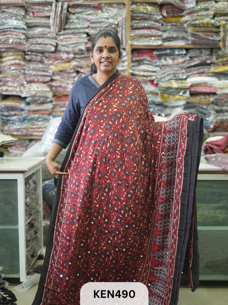 MODAL NATURAL AJRAKH HANDBLOCK SAREE WITH GLUE MIRROR