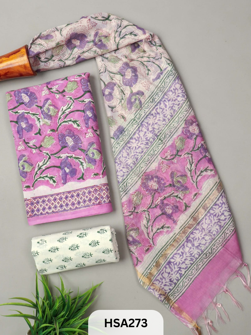 COTTON SUIT WITH CHANDERI DUPATTA HAND BLOCK PRINTED- 3PCS SET