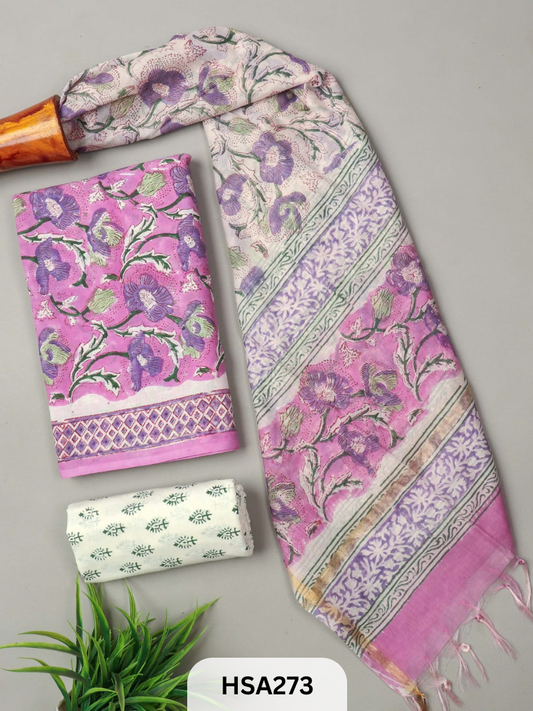 COTTON SUIT WITH CHANDERI DUPATTA HAND BLOCK PRINTED- 3PCS SET