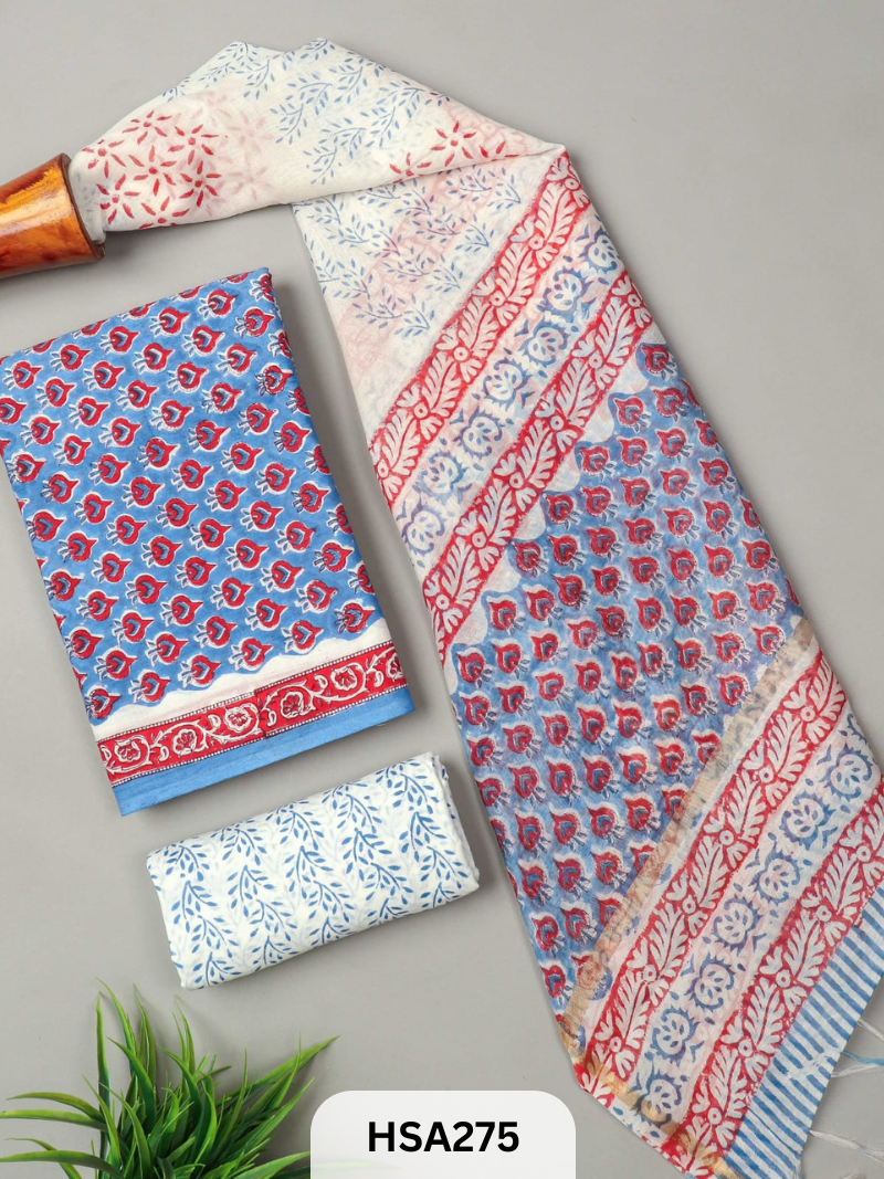 COTTON SUIT WITH CHANDERI DUPATTA HAND BLOCK PRINTED- 3PCS SET