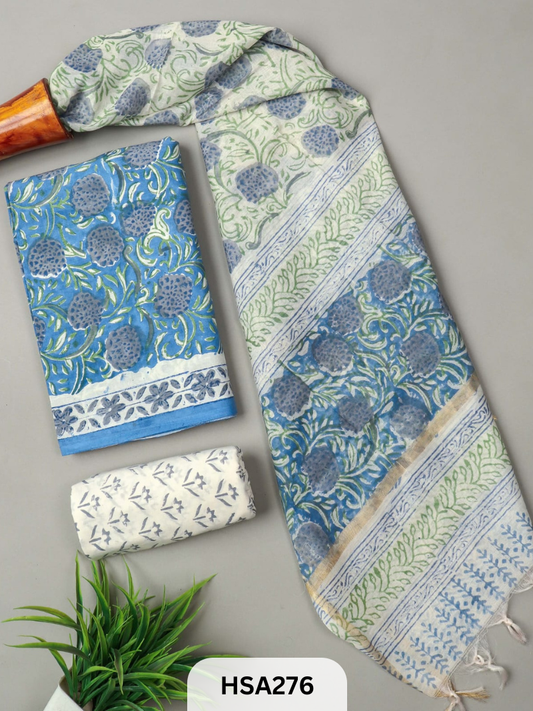 COTTON SUIT WITH CHANDERI DUPATTA HAND BLOCK PRINTED- 3PCS SET