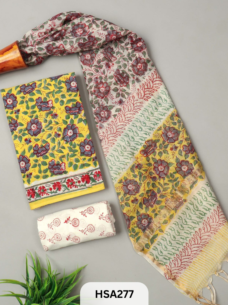 COTTON SUIT WITH CHANDERI DUPATTA HAND BLOCK PRINTED- 3PCS SET