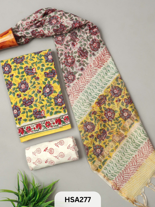 COTTON SUIT WITH CHANDERI DUPATTA HAND BLOCK PRINTED- 3PCS SET