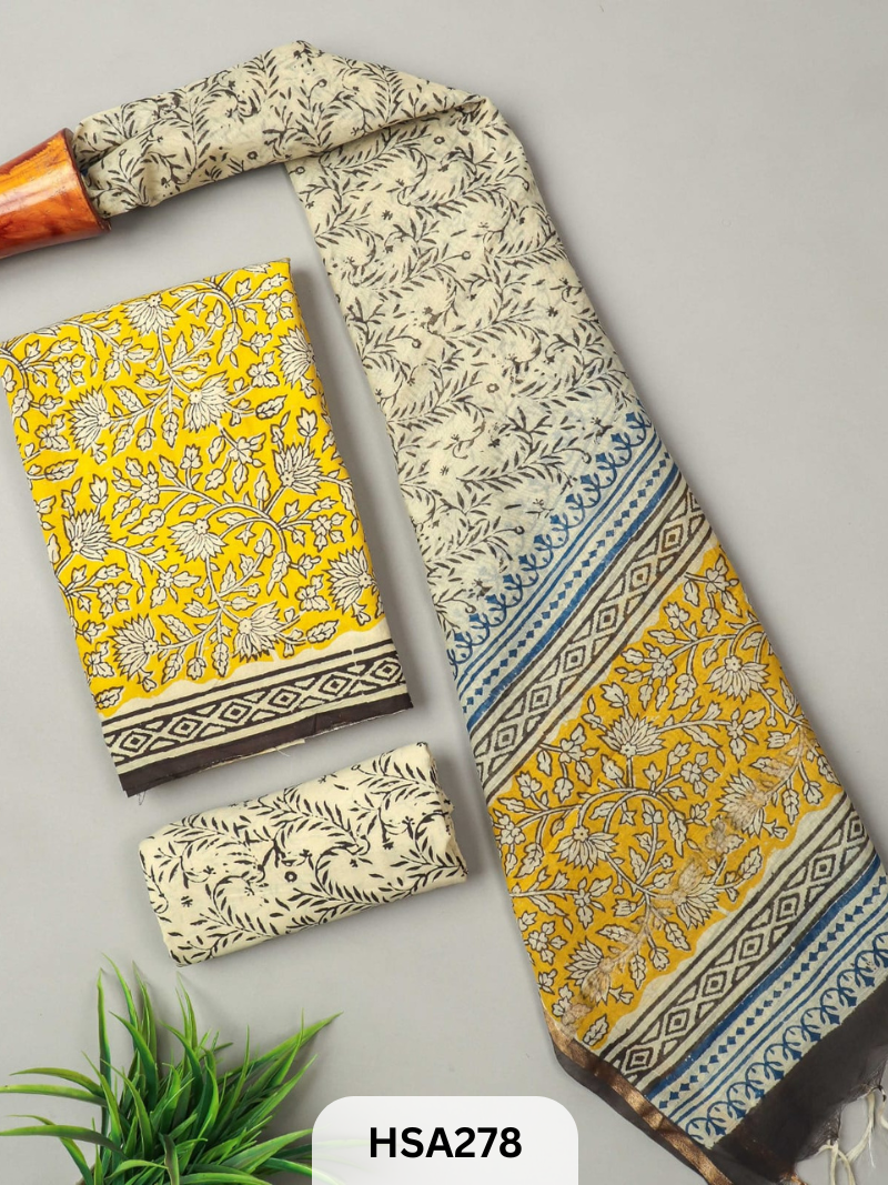 COTTON SUIT WITH CHANDERI DUPATTA HAND BLOCK PRINTED- 3PCS SET
