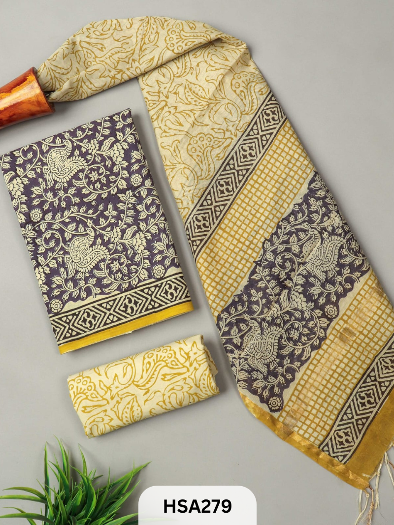 COTTON SUIT WITH CHANDERI DUPATTA HAND BLOCK PRINTED- 3PCS SET