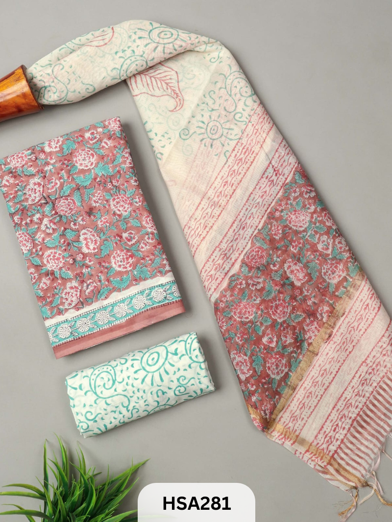 COTTON SUIT WITH CHANDERI DUPATTA HAND BLOCK PRINTED- 3PCS SET