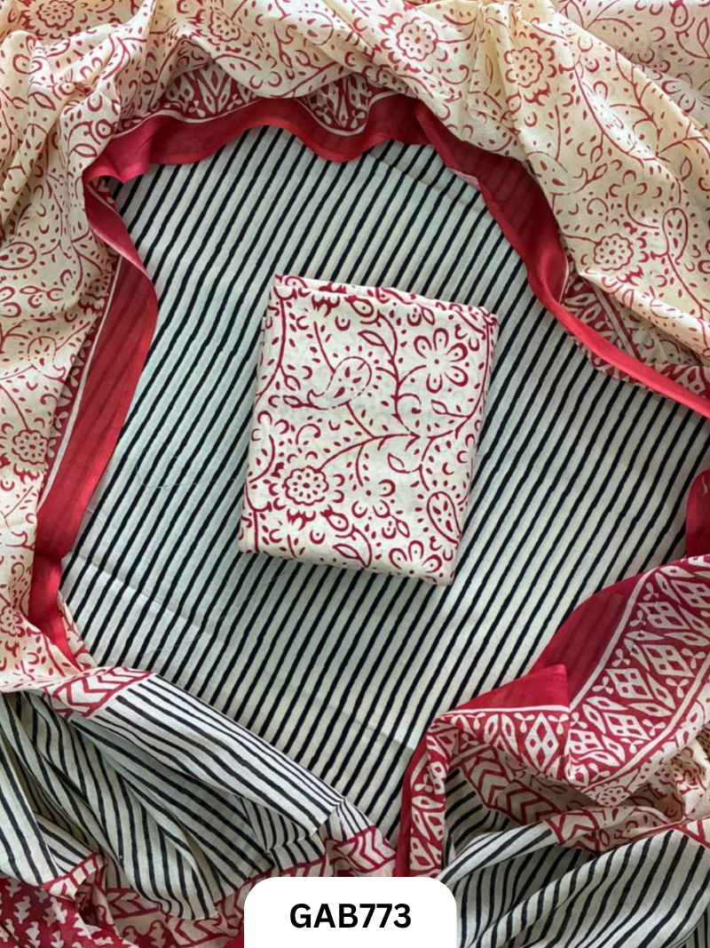 Handblock Cotton Suits With Mulmul Cotton Dupatta | Top 2.5 Mtr Dupatta 2.5 Mtr