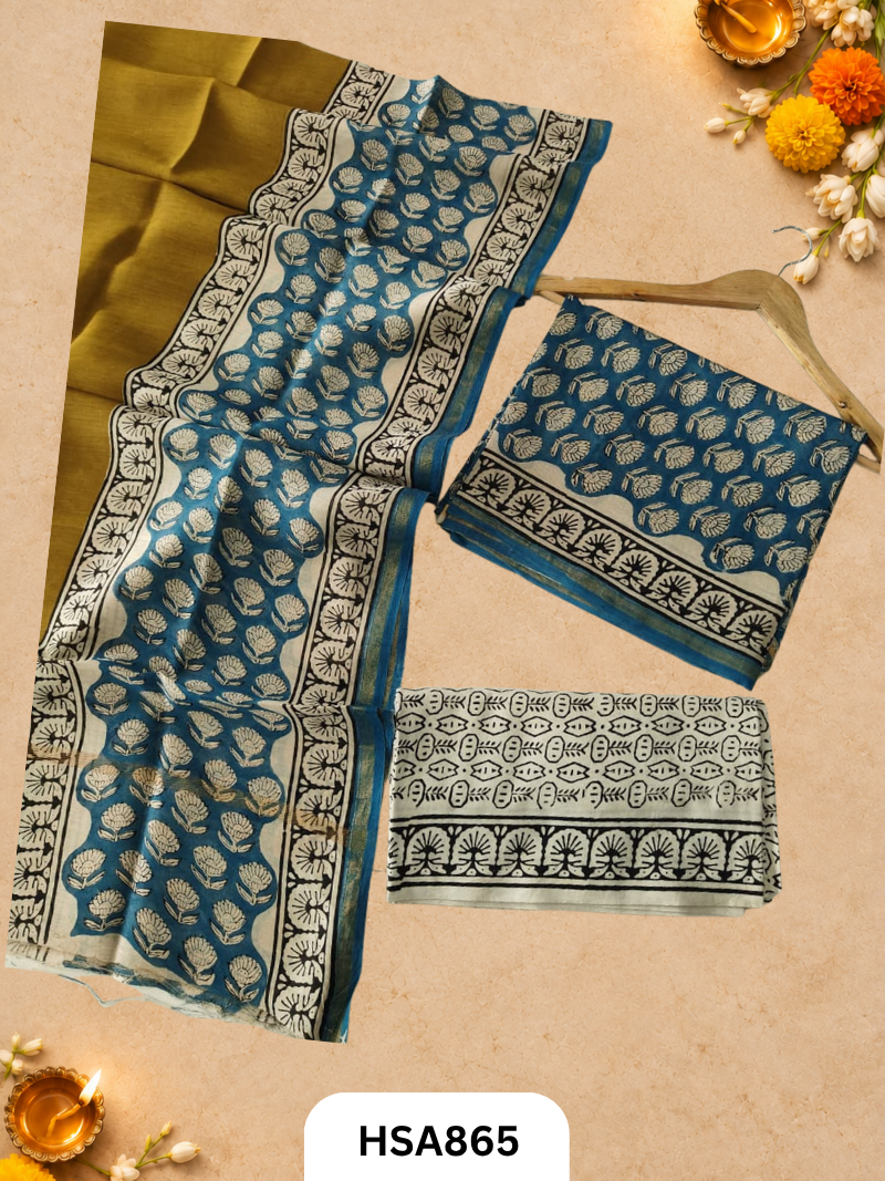 HandBlock Printed Chanderi Silk Cotton Suits -Top 2.5M Duptta 2.5M