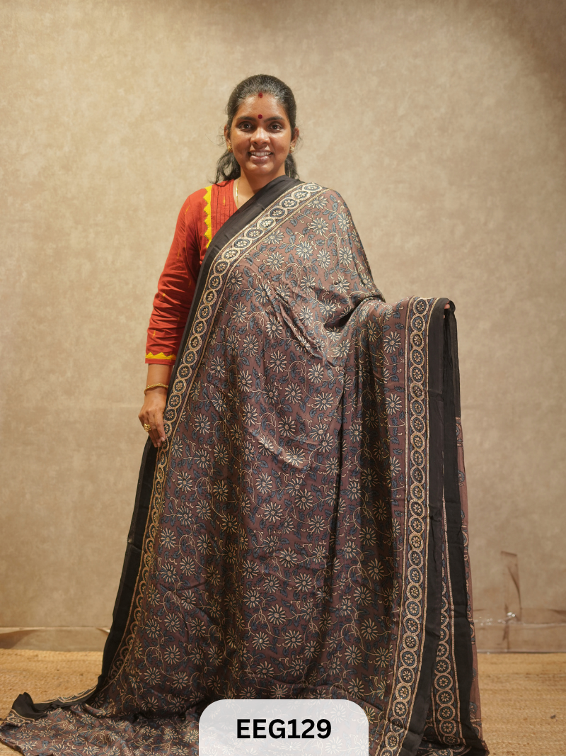 AJRAKH MODAL SAREE WITH KHATLI HANDWORK