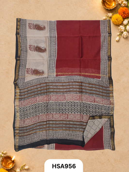 Pure Maheswari Silk Cotton - Handblock Print Saree With Blouse