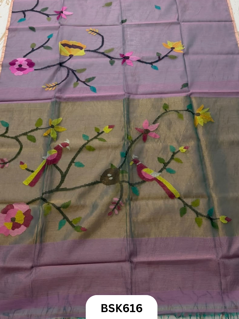 Handloom Pure Muslin Jamdhani With Hand Needle Work Saree