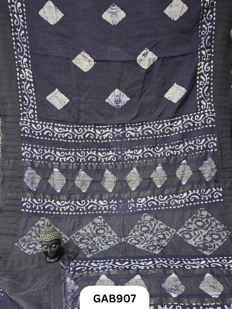 Temple Zari Border Hand Block Printed Katan Cotton Silk Saree With Running Blouse