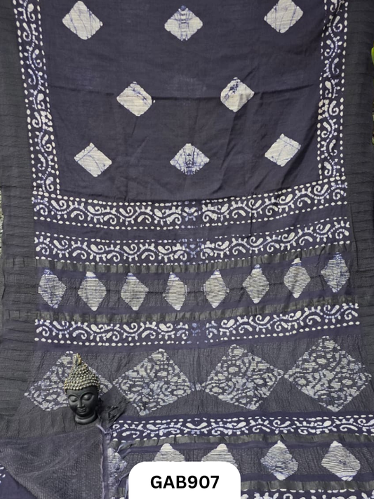 Temple Zari Border Hand Block Printed Katan Cotton Silk Saree With Running Blouse