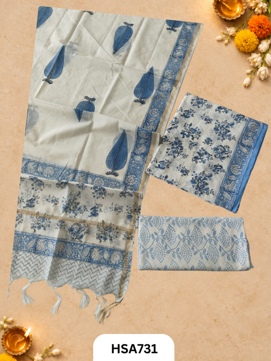 HandBlock Printed Chanderi Silk Dupatta With Cotton Suits -Top 2.5M Duptta 2.5M