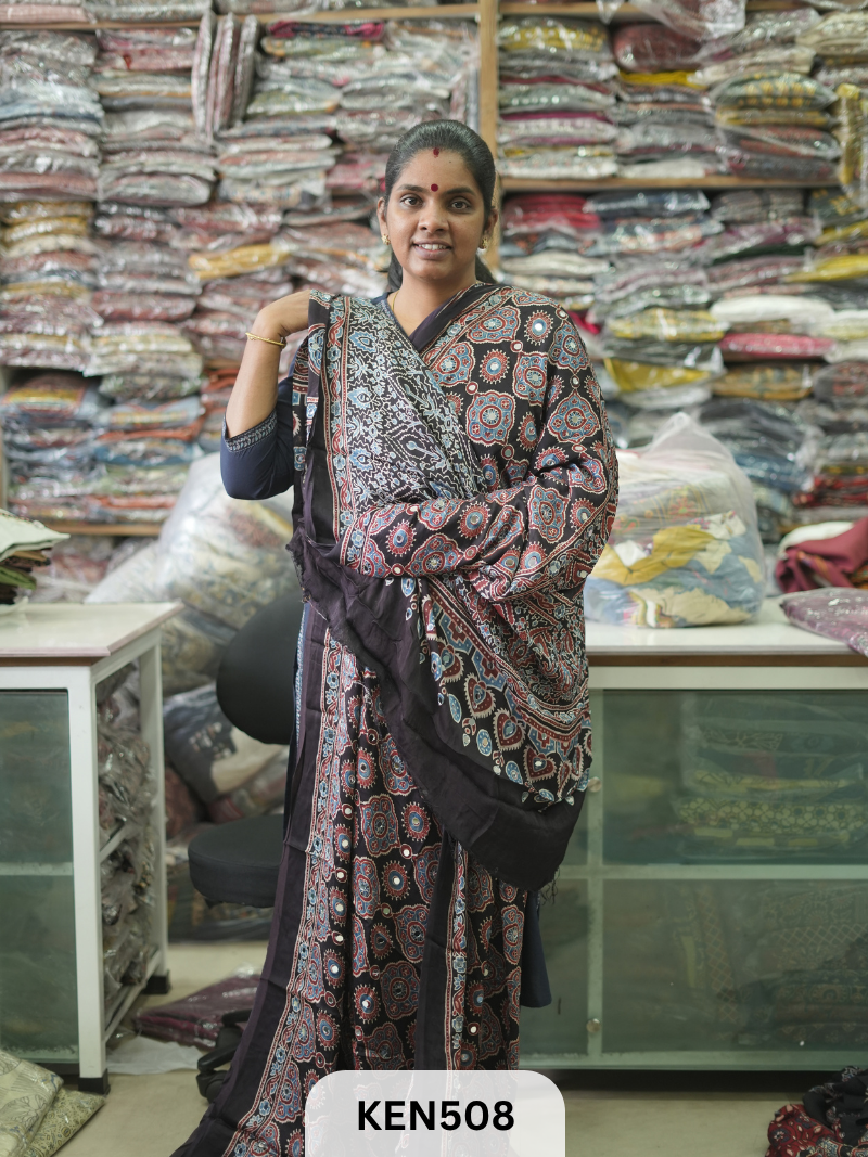 MODAL NATURAL AJRAKH HANDBLOCK SAREE WITH GLUE MIRROR