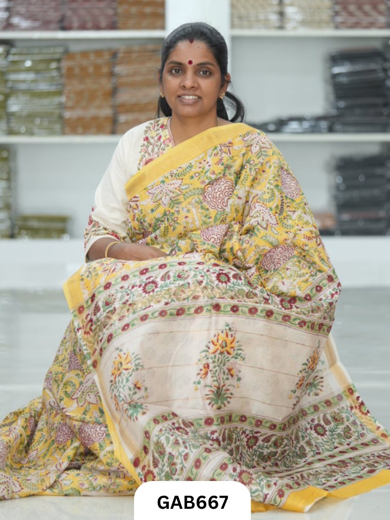 Hand Block Printed Maheshwari Silk Saree