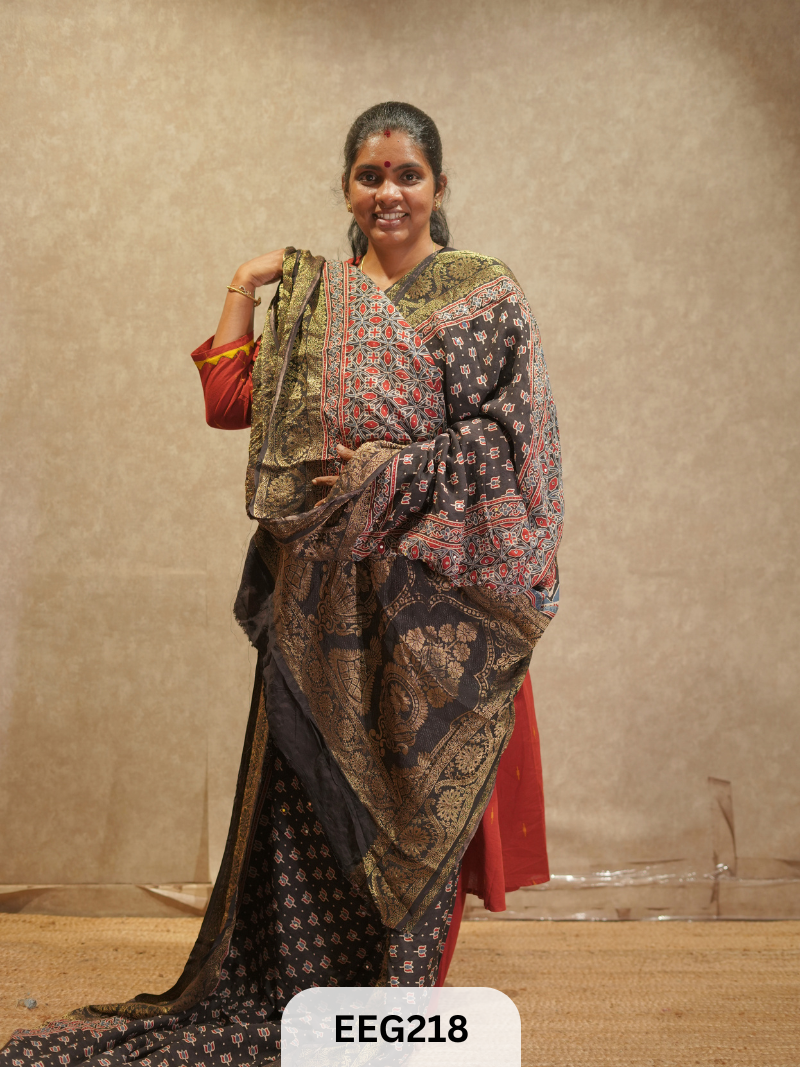 AJRAKH DOLA SILK SAREE WITH MIRROR WORK - IMMEDIATE DISPATCH