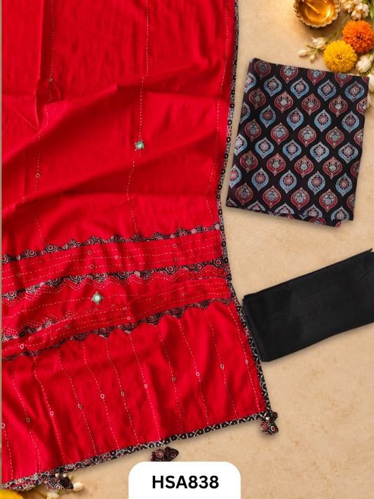 Ajrahk Print With Patch Work And Mirror Work Dupatta