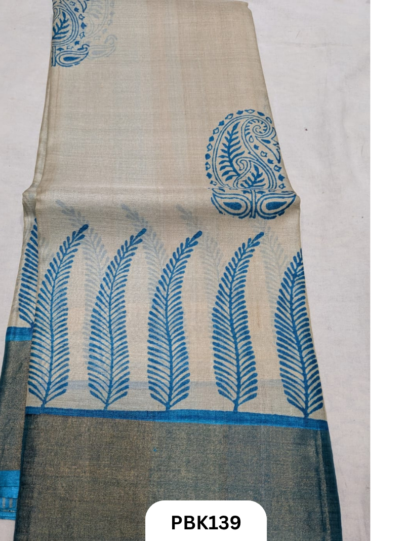 Premium Pure Tussar Silk Handblock Print Saree – Kolkata Special