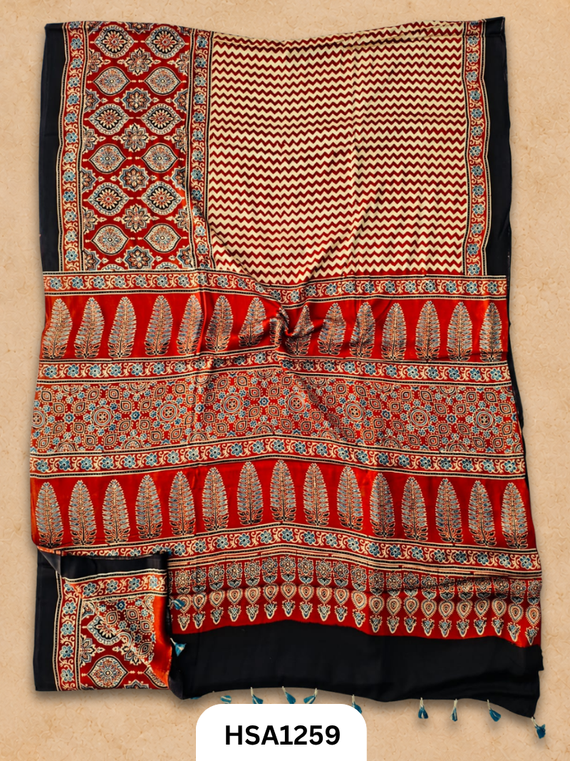 Natural Dye Vegetable Hand Block Print Ajrakh Print Pure Modal Silk Saree