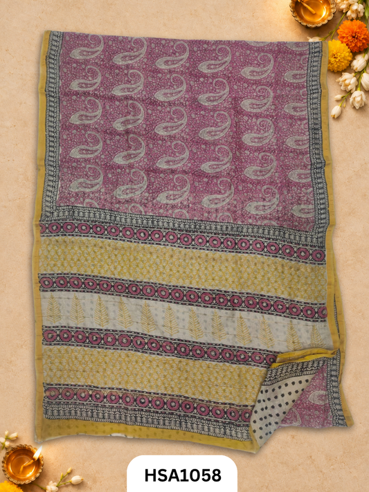 Pure Hand Block Printed Chanderi Silk Saree With Printed Blouse