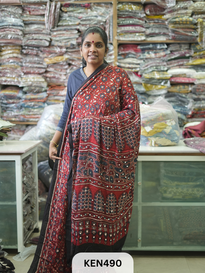 MODAL NATURAL AJRAKH HANDBLOCK SAREE WITH GLUE MIRROR