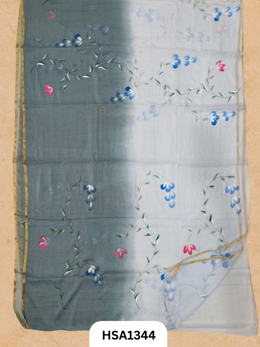 Chiffon Zari Border Saree - Hand Brush Painted