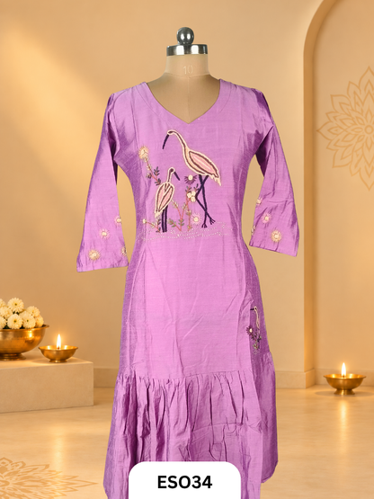 Slub Silk Dress With embroidery Bird hand work