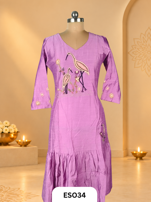 Slub Silk Dress With embroidery Bird hand work