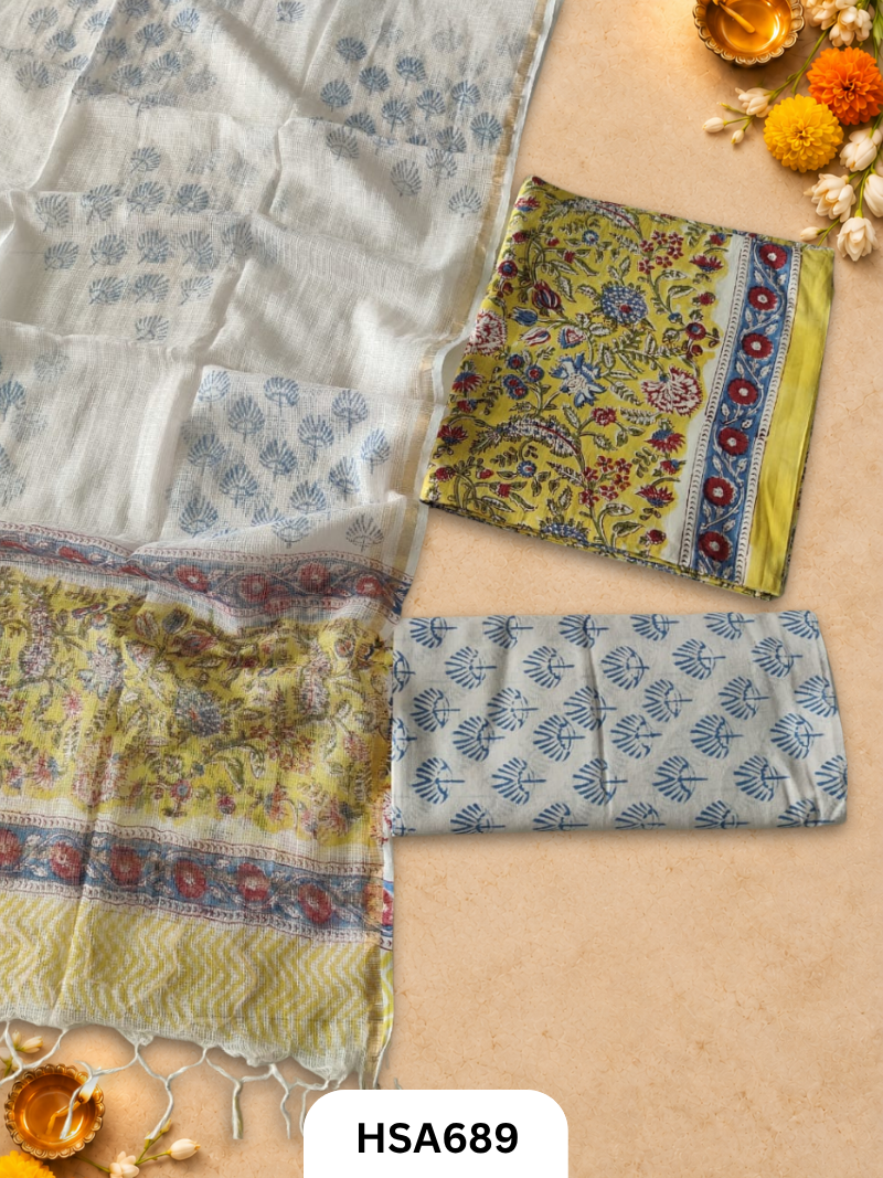 Handblock Printed Kota Doriya Dupatta With Cotton Suits Top 2.5mtr Dupatta 2.5mtr