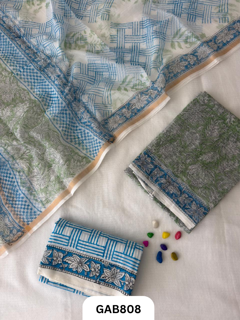 HandBlock Printed Kota Doriya Suit With Kota Doriya Duppta Cotton bottom | 2.5 mtr