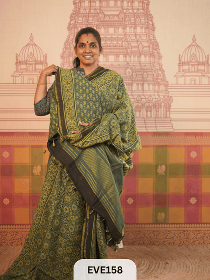 PURE CHANDERI SILK AJRAKH HANDBLOCK SAREE