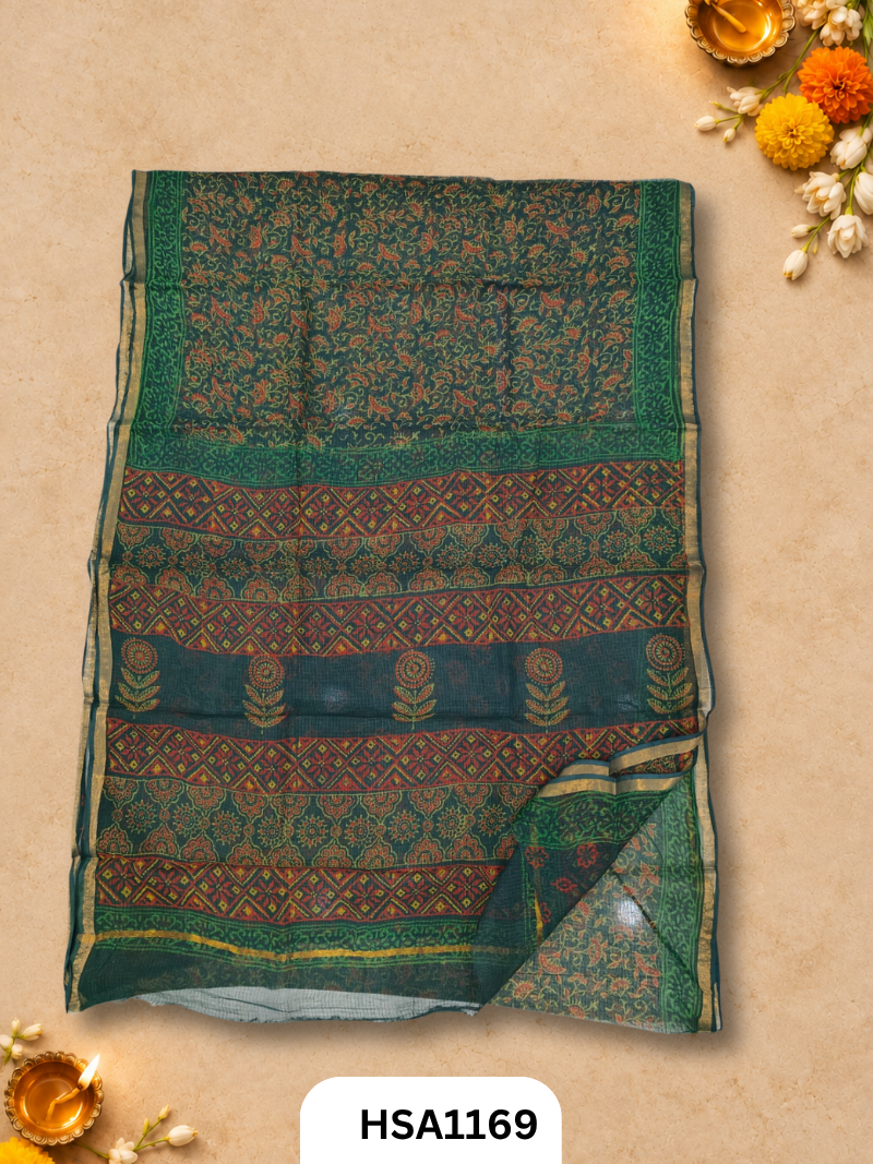Hand Block Printed Kota Doriya Saree with Blouse