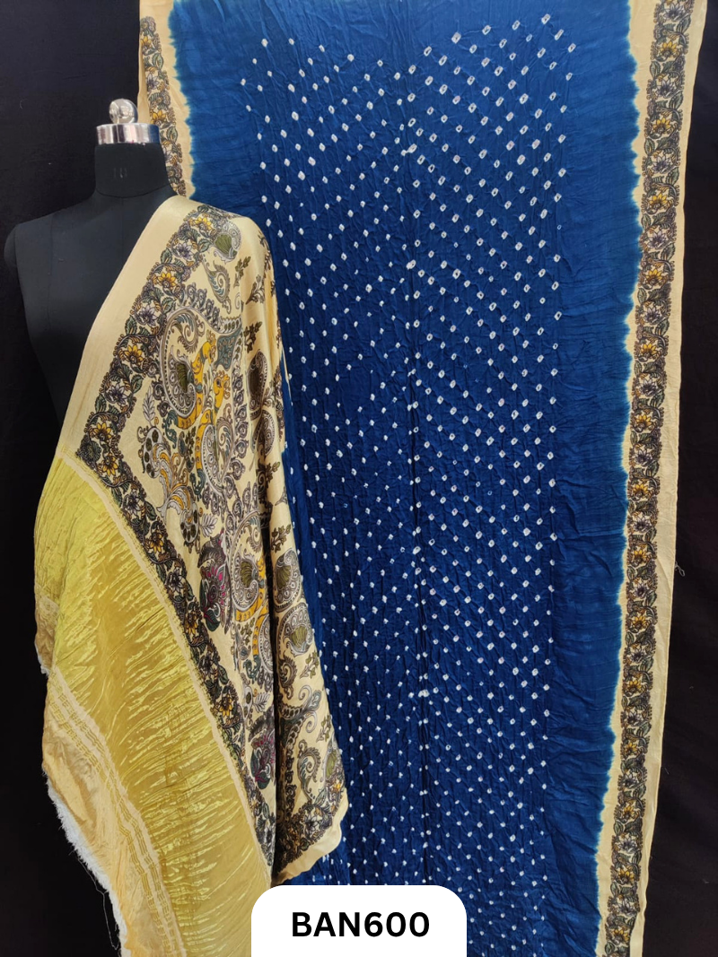 Semi Gaji ts kalamkari digital print pallu, blouse and border with bandhej saree
