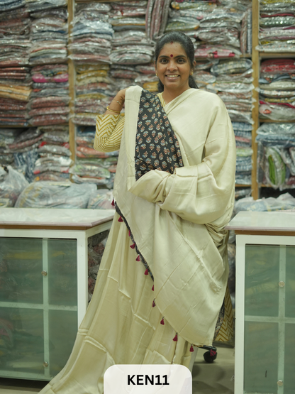 PLAIN MODAL SAREE WITH AJRAKH PRINT BLOUSE