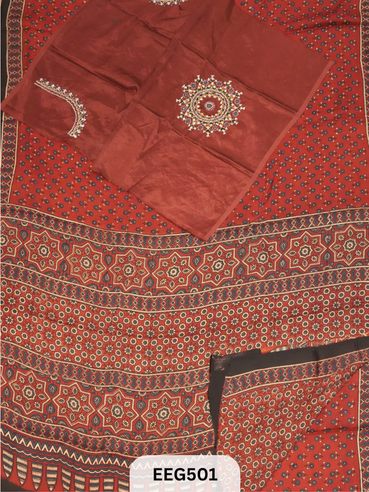 AJRAKH MODAL SAREE WITH KUTCHI HANDWORK BLOUSE PIECE EXTRA