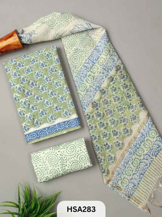 COTTON SUIT WITH CHANDERI DUPATTA HAND BLOCK PRINTED- 3PCS SET