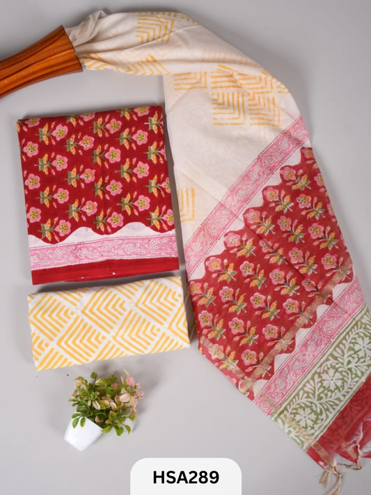 COTTON SUIT WITH CHANDERI DUPATTA HAND BLOCK PRINTED- 3PCS SET