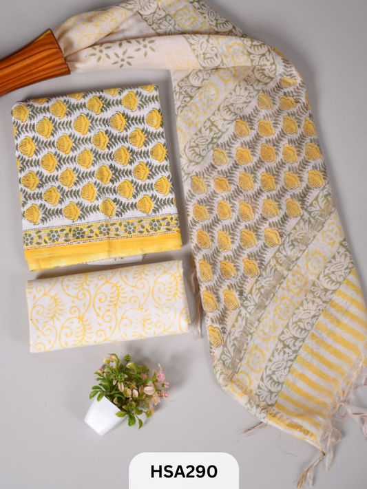 COTTON SUIT WITH CHANDERI DUPATTA HAND BLOCK PRINTED- 3PCS SET