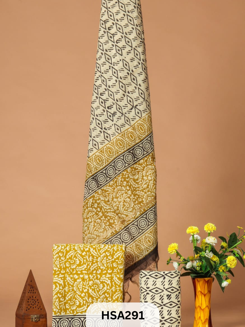 COTTON SUIT WITH CHANDERI DUPATTA HAND BLOCK PRINTED- 3PCS SET